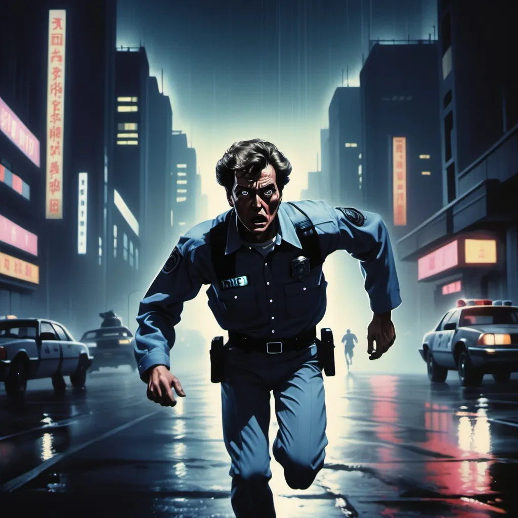 Prompt: Close shot of a terrified man running toward the viewer, 80s movie poster, far in the background a police mecha robot scans with floodlights, dark future-noir cityscape, no text