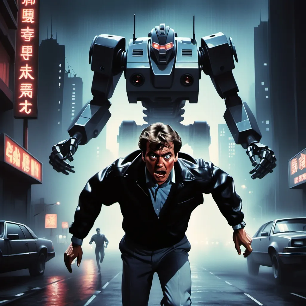 Prompt: Close shot of a terrified man running toward the viewer, 80s movie poster, far in the background an evil mecha robot scans with floodlights, dark future-noir cityscape, no text, the man in the foreground is the main subject