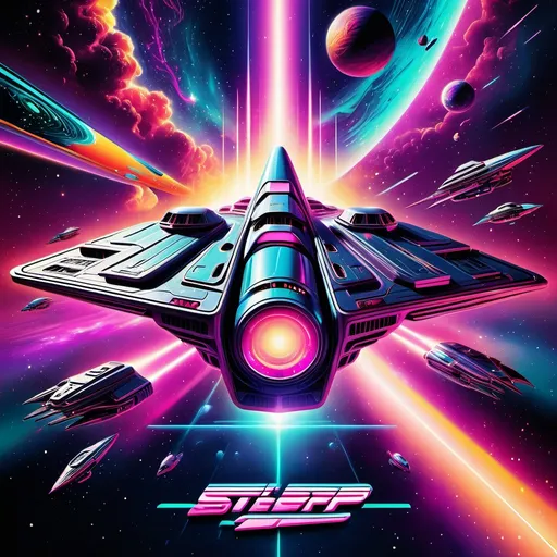 Prompt: (centered content: 80s sci-fi movie poster featuring a starship), (hyper-realistic), vibrant colors, neon glowing accents, cosmic background with swirling galaxies, dramatic lighting casting shadows, high energy and adventure mood, sleek futuristic design of the starship, ultra-detailed visual elements, rich textures emphasizing 80s aesthetic, cinematic composition, stunning visuals, captivating imagination, 4K quality.