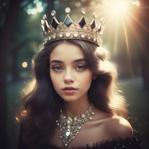 Prompt: photorealistic, (Holga photography), mid-length portrait, (glamorous black princess), (bejeweled crown), low-fidelity dreamy aesthetic, soft lens flare, (analog photography), nostalgic color tones, grainy texture, ethereal lighting, whimsical ambiance, enchanting background, timeless elegance, captured moments, vintage style, dreamy atmosphere, artistic composition, HD.