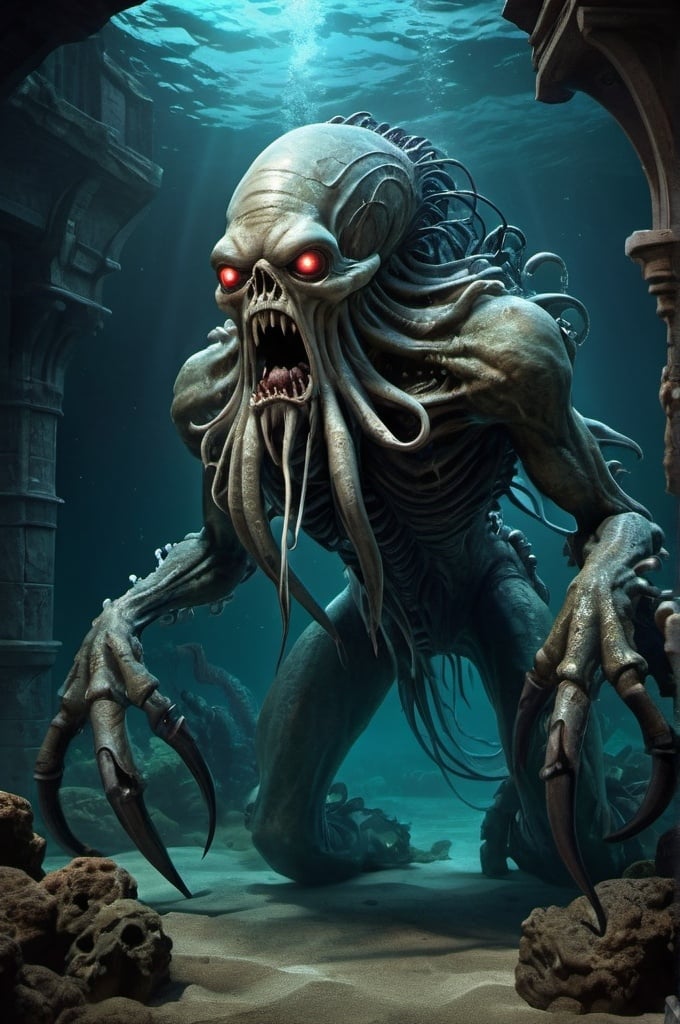 Prompt: The Krakenstein monster, detailed anatomy, gothic underwater base, highres, detailed, David Rapoza style, Keith Parkinson influence, Pirates of the Caribbean, Thunderbirds are Go (2015), gothic art, anthropomorphic, powerful supervillain, Frankenstein monster, Kraken fusion, undersea base, detailed anatomy, professional, atmospheric lighting, intense shadows, monstrous, high-quality, detailed art, dramatic, eerie atmosphere, deep-sea colors, underwater lighting, gothic architecture, stormy seas