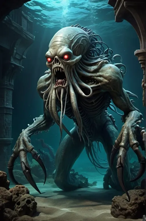 Prompt: The Krakenstein monster, detailed anatomy, gothic underwater base, highres, detailed, David Rapoza style, Keith Parkinson influence, Pirates of the Caribbean, Thunderbirds are Go (2015), gothic art, anthropomorphic, powerful supervillain, Frankenstein monster, Kraken fusion, undersea base, detailed anatomy, professional, atmospheric lighting, intense shadows, monstrous, high-quality, detailed art, dramatic, eerie atmosphere, deep-sea colors, underwater lighting, gothic architecture, stormy seas