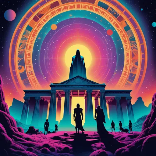 Prompt: Retro movie poster, (futuristic mystical pantheon), vibrant colors, bold graphics, intricate designs, pronounced silhouettes, cinematic vibe, characters embodying deities, stunning backdrop featuring cosmic elements, dreamy twilight sky, vintage film grain effect, (highly detailed), nostalgic feel, artistic blend of old and new scenery, celestial energy radiating, lush mystical landscapes surrounding the figures.