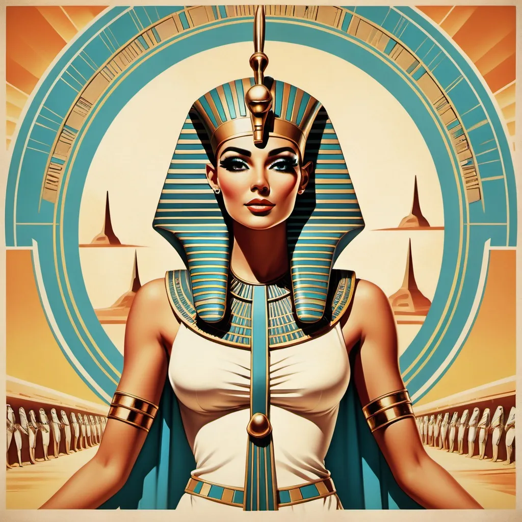 Prompt: Retro movie poster, Retinue of the Goddess, futuristic ancient egyptian, no text