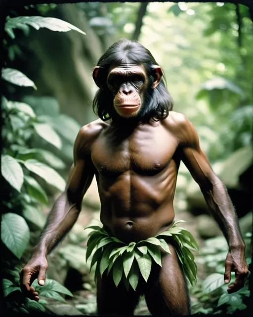 Prompt: Holga photography, a human chimpanzee-human hybrid caveboy with long hair wearing a leafy loincloth on the rampage in the zoo, low-fidelity moody aesthetic, flare, analog photography, 1970s, rock album cover