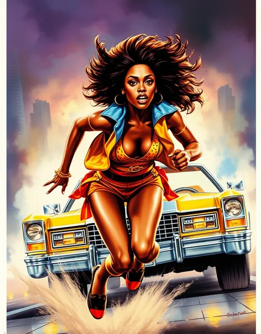 Prompt: (1974 blaxploitation movie poster), young black woman, (funky 70s fashion), running in fear, (Cadillac pimp-mobile), dynamic motion, intense expression, vibrant colors, smoky atmosphere, dramatic lighting, retro aesthetic, competition between her and the car, gritty city backdrop, exaggerated features, thrilling scene, ultra-detailed, high-quality illustration; capturing the essence of classic cinema.