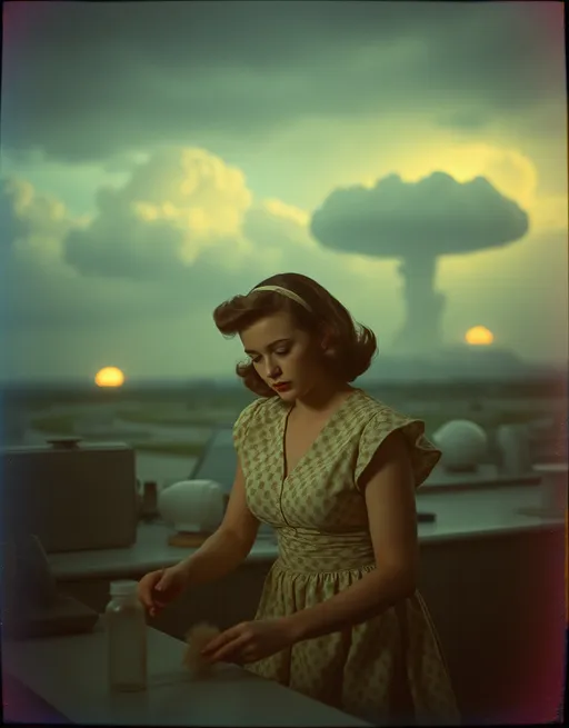 Prompt: Holga photography, (chipper 1950s housewife) gently dusting, (low-fidelity moody aesthetic) with (dramatic lighting), analog photography style, evoking a (1950s album cover), apocalyptic backdrop featuring (mushroom clouds) and (devastation), saturated colors, nostalgic atmosphere, capturing contrasts of domestic bliss and looming destruction, focus on details of the scene, high depth, ultra-detailed, storytelling composition.