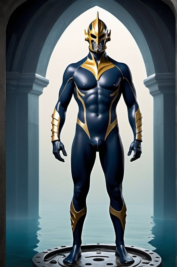 Prompt: Subject:  Triton, a Destro-inspired villain from M.A.N.T.A.

Appearance:

    Age: Mid-30s to 40s
    Build: Tall and lean, athletic build
    Mask: Intricately designed mask made from polished obsidian, covering the entire face.
        Black with gold accents, regal and menacing.
        Aquatic motif with engraved waves and sea creatures.
    Outfit: Sleek, high-tech wetsuit (dark blue with gold trim) with tactical gear and gadgets.
    Expression: Neutral, calm, composed (think suave villain with a hint of hidden ruthlessness).

Pose: Standing confidently, perhaps with arms crossed or holding his trident (described below).

Background: Suggest a technological or aquatic environment. Maybe a control room within M.A.N.T.A.'s submarine base (The Leviathan) with sleek consoles and monitors, or a shot of him underwater with bioluminescent creatures in the distance.

Additional Details:

    Include Triton's Trident: A high-tech trident that looks both elegant and dangerous.
    Ensure the wetsuit has a subtle sheen and practical details like pouches and straps.

Overall Tone: Sophisticated villain with a touch of mystery, a leader with a technological edge and a connection to the ocean.