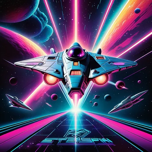 Prompt: (centered content: 80s sci-fi movie poster featuring a starship), (hyper-realistic), vibrant colors, neon glowing accents, cosmic background with swirling galaxies, dramatic lighting casting shadows, high energy and adventure mood, sleek futuristic design of the starship, ultra-detailed visual elements, rich textures emphasizing 80s aesthetic, cinematic composition, stunning visuals, captivating imagination, 4K quality.