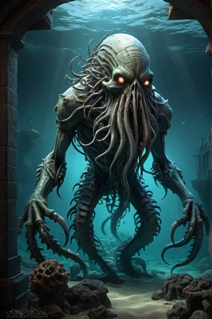 Prompt: The Krakenstein monster, detailed anatomy, gothic underwater base, highres, detailed, David Rapoza style, Keith Parkinson influence, Pirates of the Caribbean, Thunderbirds are Go (2015), gothic art, anthropomorphic, powerful supervillain, Frankenstein monster, Kraken fusion, undersea base, detailed anatomy, professional, atmospheric lighting, intense shadows, monstrous, high-quality, detailed art, dramatic, eerie atmosphere, deep-sea colors, underwater lighting, gothic architecture, stormy seas