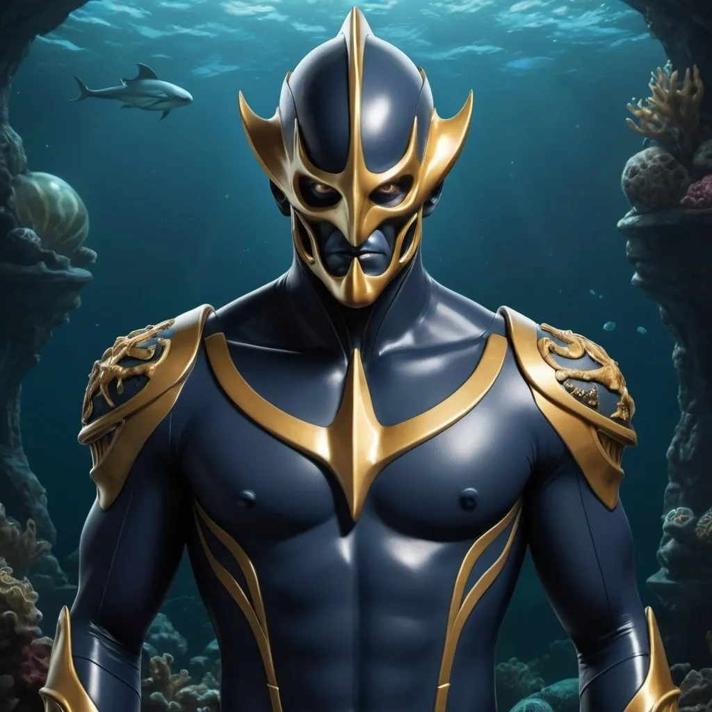 Prompt: Subject:  Triton, a Destro-inspired villain from M.A.N.T.A.

Appearance:

    Age: Mid-30s to 40s
    Build: Tall and lean, athletic build
    Mask: Intricately designed mask made from polished obsidian, covering the entire face.
        Black with gold accents, regal and menacing.
        Aquatic motif with engraved waves and sea creatures.
    Outfit: Sleek, high-tech wetsuit (dark blue with gold trim) with tactical gear and gadgets.
    Expression: Neutral, calm, composed (think suave villain with a hint of hidden ruthlessness).

Pose: Standing confidently, perhaps with arms crossed or holding his trident (described below).

Background: Suggest a technological or aquatic environment. Maybe a control room within M.A.N.T.A.'s submarine base (The Leviathan) with sleek consoles and monitors, or a shot of him underwater with bioluminescent creatures in the distance.

Additional Details:

    Include Triton's Trident: A high-tech trident that looks both elegant and dangerous.
    Ensure the wetsuit has a subtle sheen and practical details like pouches and straps.

Overall Tone: Sophisticated villain with a touch of mystery, a leader with a technological edge and a connection to the ocean.