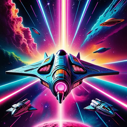 Prompt: (centered content: 80s sci-fi movie poster featuring a starship), (hyper-realistic), vibrant colors, neon glowing accents, cosmic background with swirling galaxies, dramatic lighting casting shadows, high energy and adventure mood, sleek futuristic design of the starship, ultra-detailed visual elements, rich textures emphasizing 80s aesthetic, cinematic composition, stunning visuals, captivating imagination, 4K quality, NO TEXT.