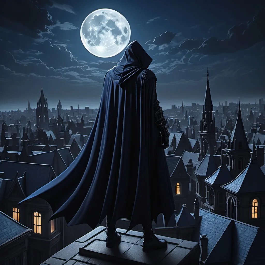 Prompt: (gothic revival city at night), a cloaked vigilante superhero, prowling rooftops in the shadows almost hidden from view,(dramatic moonlit sky), (high contrast shadows), urban landscape filled with intricate architectural details, mysterious atmosphere, (intense focus on hero's silhouette), subdued color palette of dark blues and grays, (4K, ultra-detailed), brooding ambiance, tension in the air.