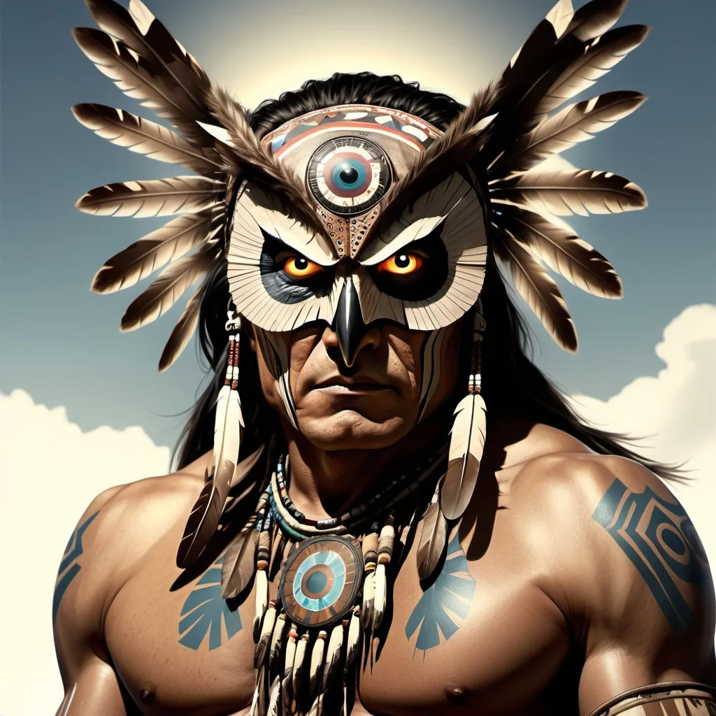 Prompt: native american owl-man, half owl half man, owlman, shaman, transforming, stikini, dynamic composition, detailed, movie poster