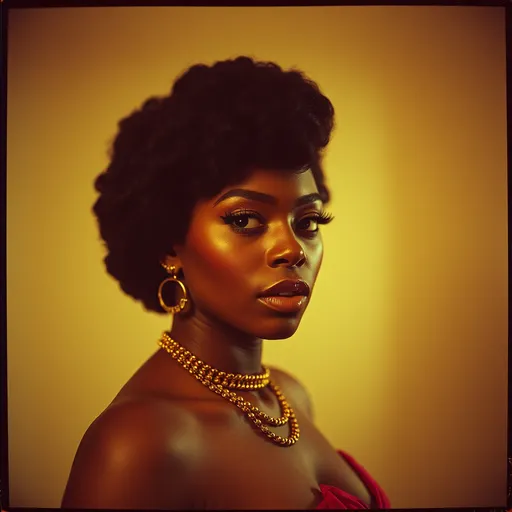 Prompt: Holga photography, a glamorous black woman is evaluating you critically, low-fidelity moody aesthetic, flare, analog photography, Neo-soul album cover