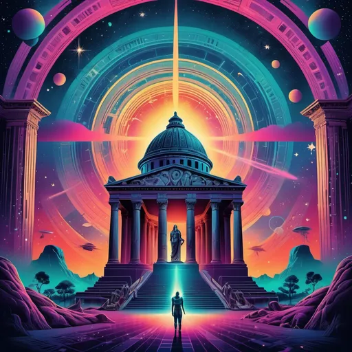 Prompt: Retro movie poster, (futuristic mystical pantheon), vibrant colors, bold graphics, intricate designs, cinematic vibe, characters embodying deities, stunning backdrop featuring cosmic elements, dreamy twilight sky, vintage film grain effect, (highly detailed), nostalgic feel, artistic blend of old and new scenery, celestial energy radiating, lush mystical landscapes.