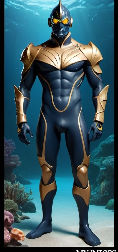 Prompt: Subject:  Triton, a Destro-inspired villain from M.A.N.T.A.

Appearance:

    Age: Mid-30s to 40s
    Build: Tall and lean, athletic build
    Mask: Intricately designed mask made from polished obsidian, covering the entire face.
        Black with gold accents, regal and menacing.
        Aquatic motif with engraved waves and sea creatures.
    Outfit: Sleek, high-tech wetsuit (dark blue with gold trim) with tactical gear and gadgets.
    Expression: Neutral, calm, composed (think suave villain with a hint of hidden ruthlessness).

Pose: Standing confidently, perhaps with arms crossed or holding his trident (described below).

Background: Suggest a technological or aquatic environment. Maybe a control room within M.A.N.T.A.'s submarine base (The Leviathan) with sleek consoles and monitors, or a shot of him underwater with bioluminescent creatures in the distance.

Additional Details:

    Include Triton's Trident: A high-tech trident that looks both elegant and dangerous.
    Ensure the wetsuit has a subtle sheen and practical details like pouches and straps.

Overall Tone: Sophisticated villain with a touch of mystery, a leader with a technological edge and a connection to the ocean.