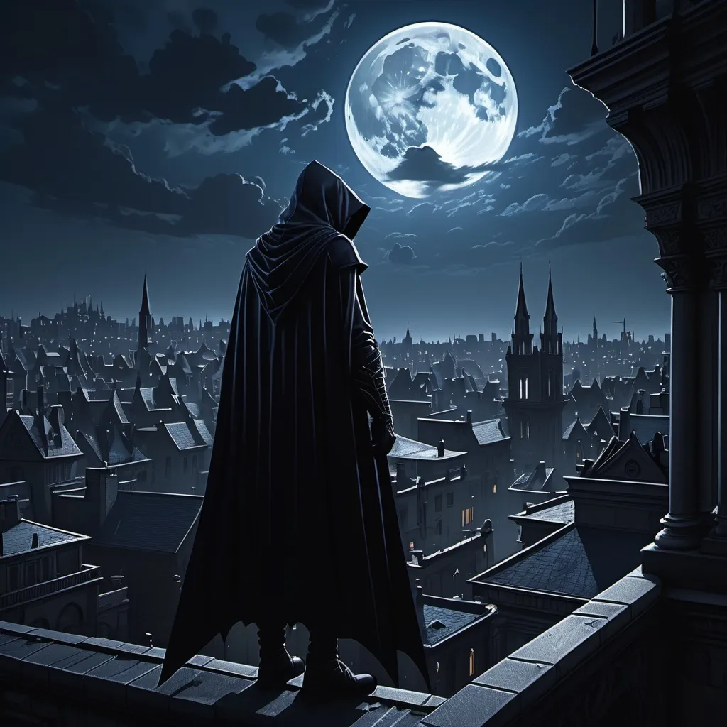 Prompt: (gothic revival city at night), a cloaked vigilante superhero, prowling rooftops in the shadows almost hidden from view,(dramatic moonlit sky), (high contrast shadows), urban landscape filled with intricate architectural details, mysterious atmosphere, (intense focus on hero's silhouette), subdued color palette of dark blues and grays, (4K, ultra-detailed), brooding ambiance, tension in the air.