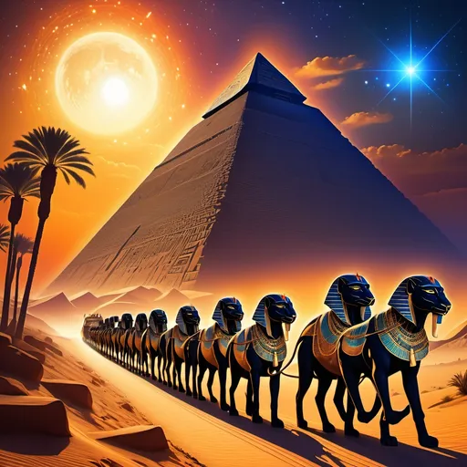 Prompt: (ancient Egyptian caravan and entourage of Sekhmet), celestial background, (Ra in tow), vibrant sunset hues blending with shades of deep blue, enchanting atmosphere, mystical lighting, dramatic visual depth, softly glowing stars scattered across the sky, grand pyramids silhouetted on the horizon, ultra-detailed, mythical journey through the heavens, captivating symbolism and historical significance.