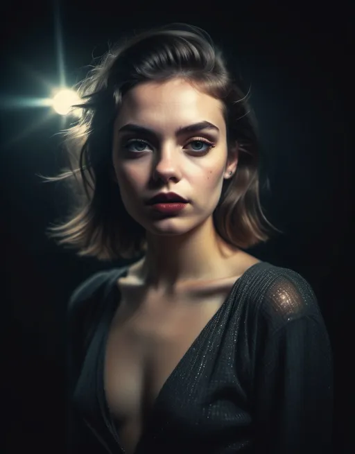 Prompt: photorealistic, (Holga photography), extremely confident glamorous young woman, slight sneer, haughty expression, full-body portrait, (low-fidelity moody aesthetic), (flare effect), analog photography techniques, inspired by rock album covers, textured film grain, dramatic lighting, dark contrasting tones, attention-grabbing composition, rebellious vibe, 4K ultra-detailed imagery.