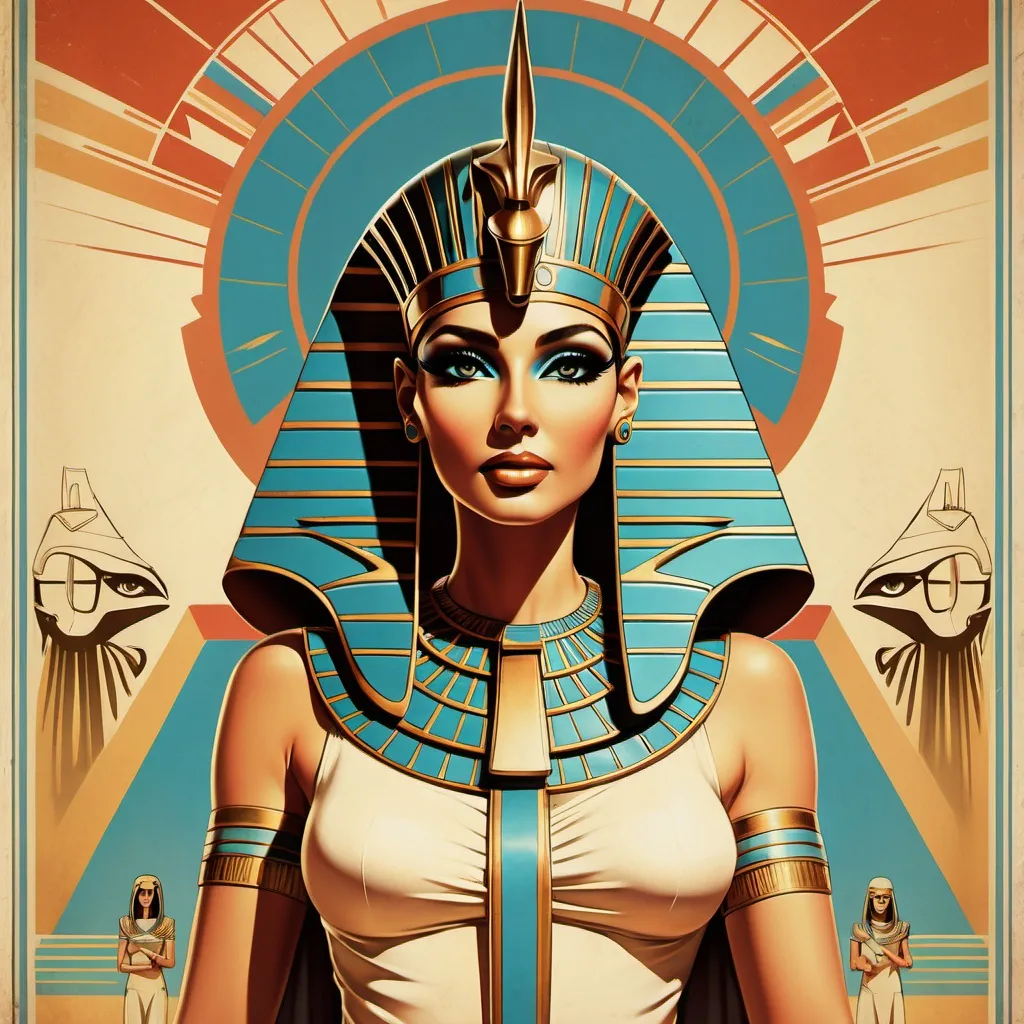 Prompt: Retro movie poster, Retinue of the Goddess, futuristic ancient egyptian, no text