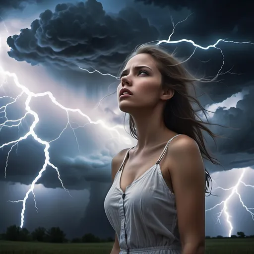 Prompt: (raging thunderstorm), (translucent overlay), beautiful young woman, deep emotional expression, intense lightning flashes, dark stormy clouds, misty atmosphere, dynamic lighting effects, dramatic contrast, intricate details, high quality, ultra-detailed, evocative ambiance, captivating visual narrative, colors from deep blues to striking whites.