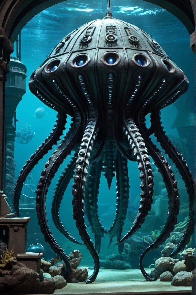 Prompt: The Krakenstein monster, underwater mobile gothic base, Thunderbirds Are Go (2015) style, detailed monster design, menacing tentacles, eerie underwater lighting, industrial gothic architecture, high quality, detailed, underwater, gothic, menacing, eerie lighting, Thunderbirds Are Go (2015) style, detailed monster design, industrial gothic architecture