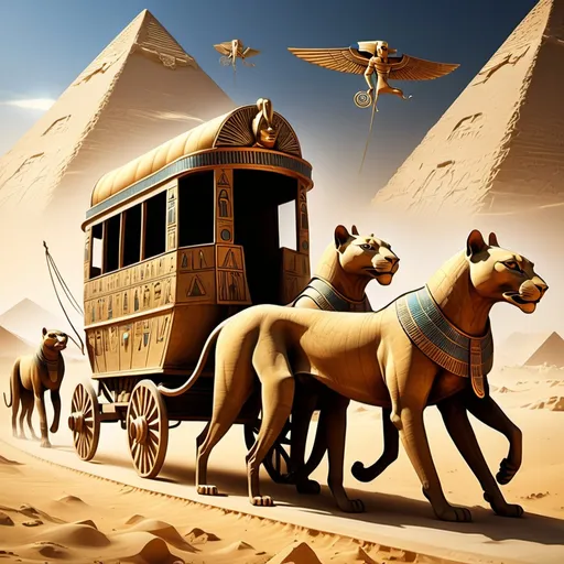 Prompt: Th ancient Egyptian caravan of Sekhmet proceeds across the sky with Ra in tow