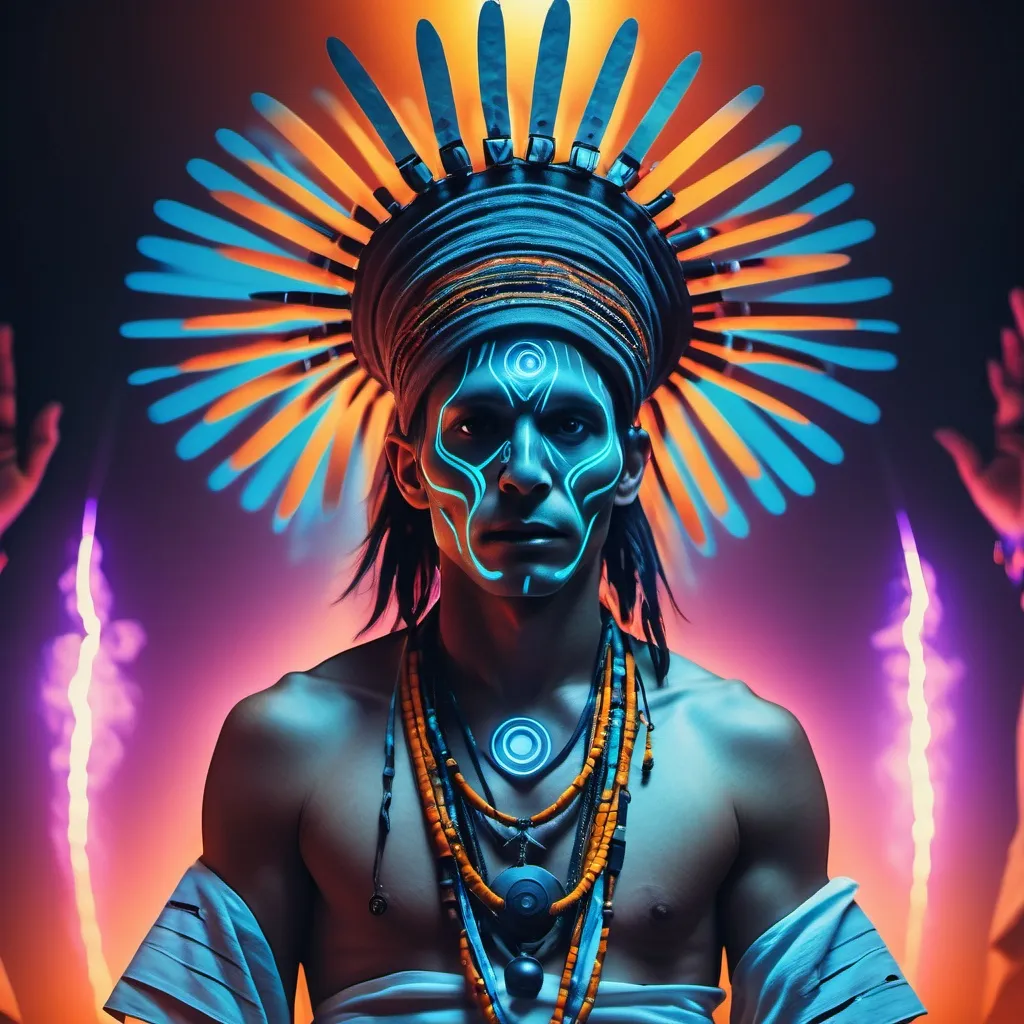 Prompt: a futuristic rave is a shaman's mystical ceremony, dynamic composition, movie poster