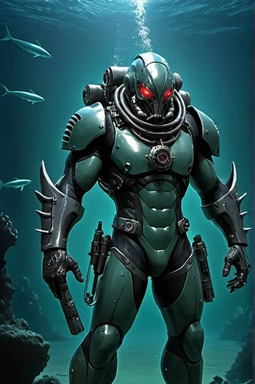 Prompt: Subject: Captain Manta, the vengeful leader of M.A.N.T.A.

Appearance:

    Age: 40s-50s
    Build: Broad and imposing, muscular physique
    Head: Hideous, scarred features obscured by a helmet (details below)
    Body: Atlantean gene-splicing has granted him amphibian traits - webbed fingers and toes (visible if not in boots), perhaps gills on his neck.
    Suit: High-tech, armored diving suit (think deep-sea explorer meets villain) - dark green with black accents. Utility belt with pouches and tools.
    Pose: Dynamic and imposing. Standing with legs apart, one hand on his hip, the other gripping a weapon (described below). Alternatively, mid-action - lunging forward or raising his weapon in a menacing pose.

Helmet:

    Made of a dark, metallic material with a bio-mechanical design.
    Features glowing red lenses for eyes and a breathing apparatus integrated into the design.
    Give the helmet a battle-worn feel with scratches and dents, hinting at past conflicts.

Background:

    Show him in the command center of M.A.N.T.A.'s submarine base (The Leviathan) surrounded by holographic displays and monitors.
    Alternatively, depict him underwater, surrounded by wreckage or a scene of destruction caused by M.A.N.T.A.'s activities.

Weapon:

    Include a weapon that reflects his dual nature and fighting style - a high-tech harpoon gun that converts into a serrated blade.

Overall Tone:  Menacing and imposing villain leader, a figure driven by vengeance with a dark secret hidden beneath the helmet.  There should be a hint of a tragic past and a connection to the ocean environment.