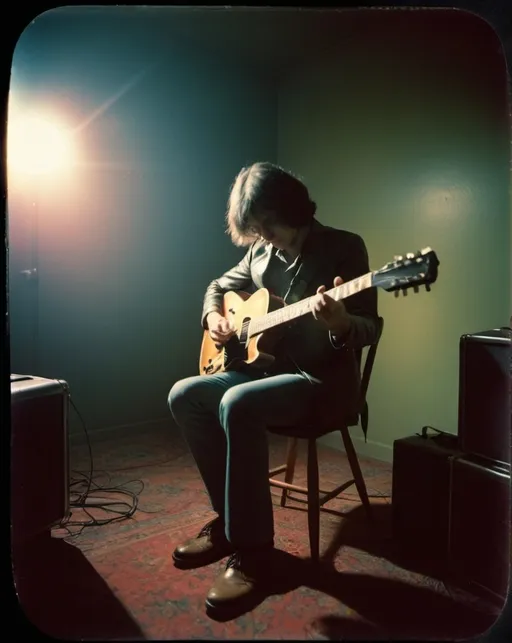 Prompt: Holga photography, grissled guitarist waits to challenge the devil, low-fidelity moody aesthetic, flare, analog photography, 1970s, rock album cover