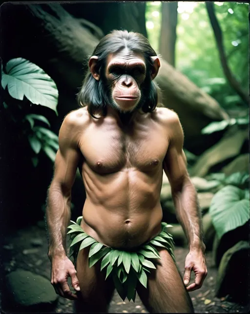 Prompt: Holga photography, a human chimpanzee-human hybrid caveboy with long hair wearing a leafy loincloth on the rampage in the zoo, low-fidelity moody aesthetic, flare, analog photography, 1970s, rock album cover