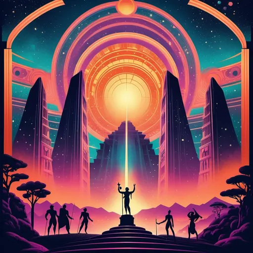 Prompt: Retro movie poster, (futuristic mystical pantheon), vibrant colors, bold graphics, intricate designs, pronounced silhouettes, cinematic vibe, characters embodying deities, stunning backdrop featuring cosmic elements, dreamy twilight sky, vintage film grain effect, (highly detailed), nostalgic feel, artistic blend of old and new scenery, celestial energy radiating, lush mystical landscapes surrounding the figures.