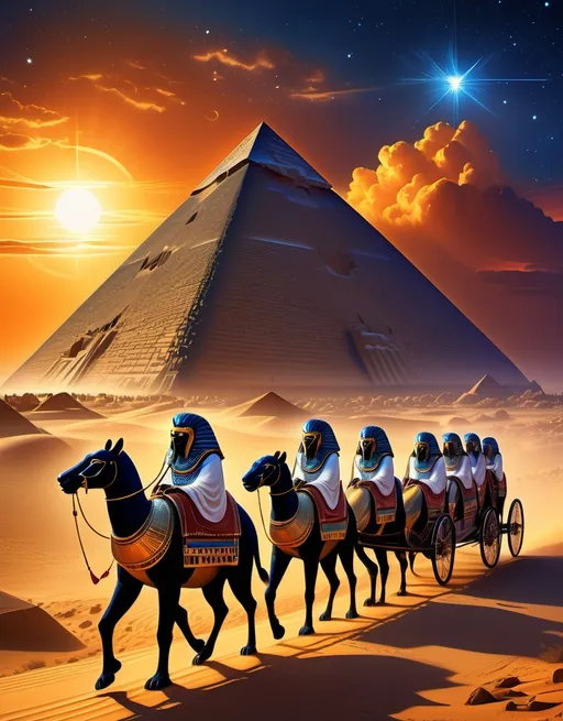 Prompt: (ancient Egyptian caravan and entourage of Sekhmet), celestial background, (Ra in tow), vibrant sunset hues blending with shades of deep blue, enchanting atmosphere, mystical lighting, dramatic visual depth, softly glowing stars scattered across the sky, grand pyramids silhouetted on the horizon, ultra-detailed, mythical journey through the heavens, captivating symbolism and historical significance.