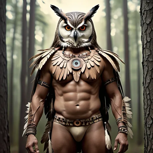 Prompt: native american owl-man, half owl half man, owlman, transforming, stikini, dynamic composition, detailed, movie poster, were-owl, in the woods