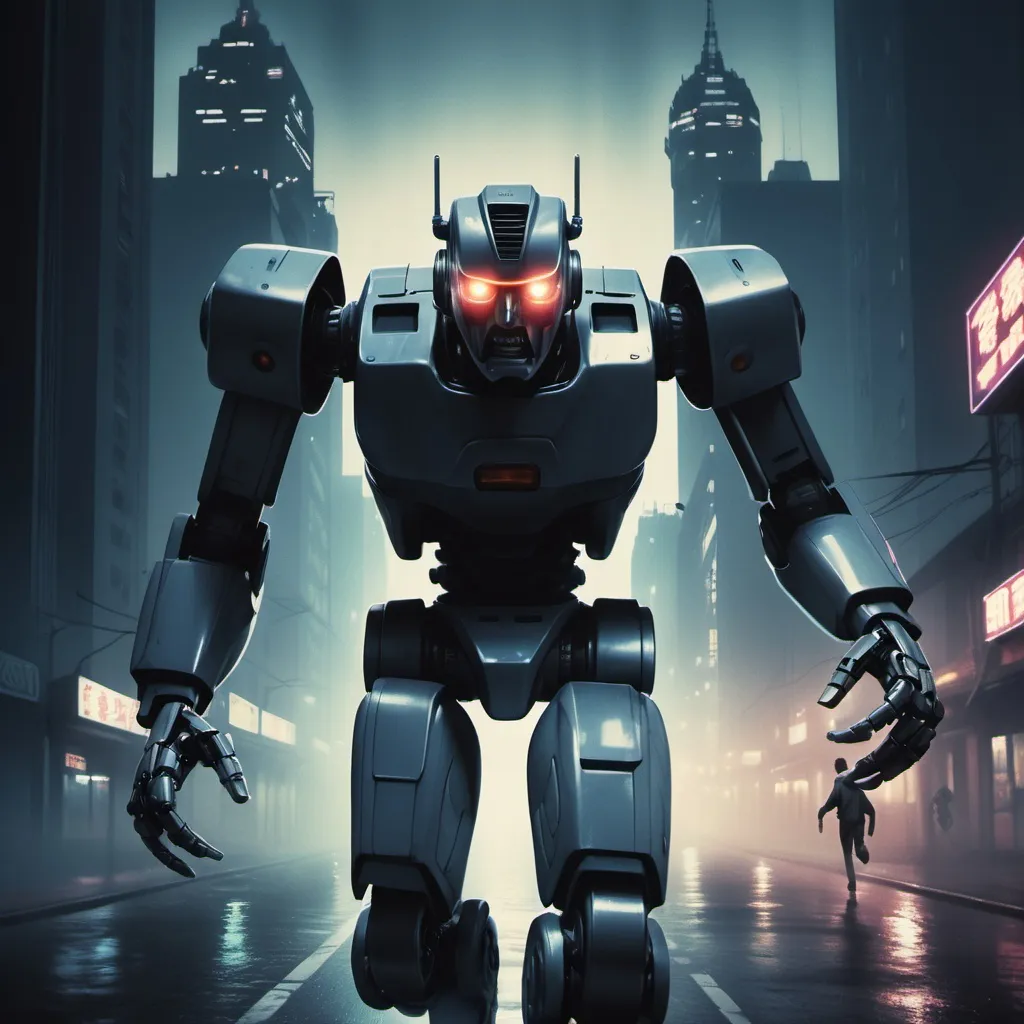 Prompt: Close shot of a terrified man running toward the viewer, 80s movie poster, far in the background an evil mecha robot scans with floodlights, dark future-noir cityscape, no text, the man in the foreground is the main subject