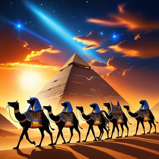 Prompt: (ancient Egyptian caravan and entourage of Sekhmet), celestial background, (Ra in tow), vibrant sunset hues blending with shades of deep blue, enchanting atmosphere, mystical lighting, dramatic visual depth, softly glowing stars scattered across the sky, grand pyramids silhouetted on the horizon, ultra-detailed, mythical journey through the heavens, captivating symbolism and historical significance.