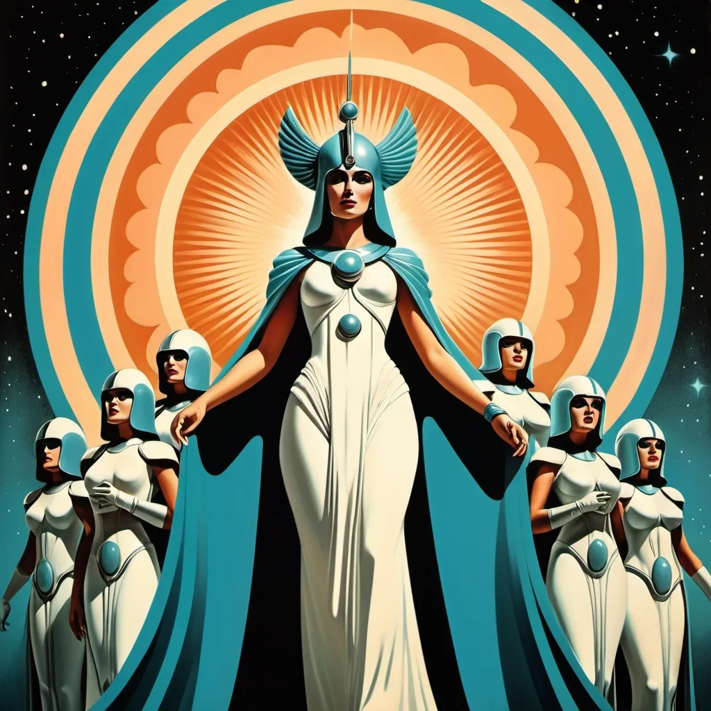 Prompt: Retro movie poster, Retinue of the Goddess, futuristic mystical pantheon, no text