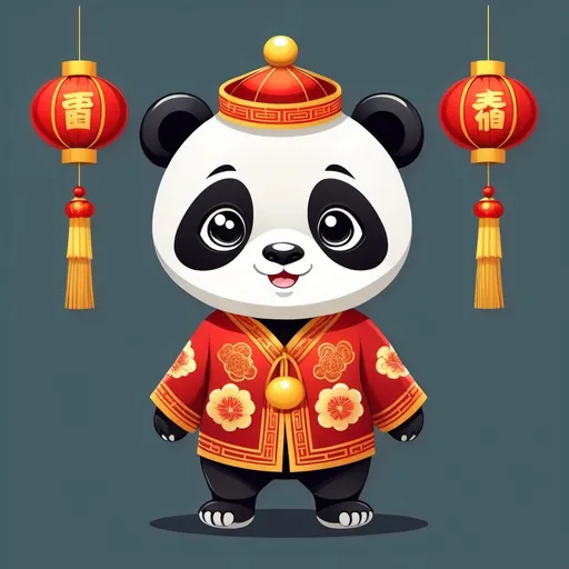 Prompt: 2D Cartoon Panda wearing Chinese new year clothes for kids