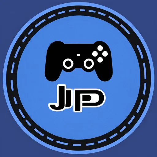 Prompt: a blue circle  and the word JP in the middle with a game controller on it's top which will be used for youtube profile picture