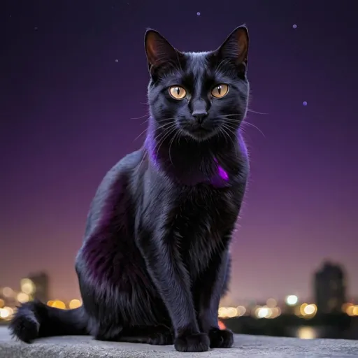 Prompt: Black cat with purple color at night