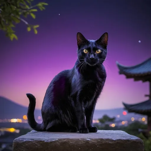 Prompt: Raiki Black cat with purple color at night