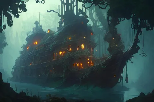 Prompt: Overgrown vines wooden ship in bright lighting, detailed digital painting, smooth illustration, D&D, artstation, highly detailed, Alphonse Mucha & Greg Rutkowski inspired, sharp focus, concept art, professional quality, vibrant color palette, nature-themed, fantasy setting, intricate woodwork, ethereal glow, magical atmosphere, fantasy art, art nouveau influence, high-resolution, artstation HQ