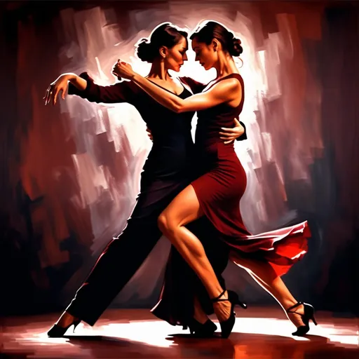 Prompt: Two women dancing tango, famous tango poses, darker reddish colors, soft lighting, in love, romantic, professional, detailed expressions, contemporary art style, high quality