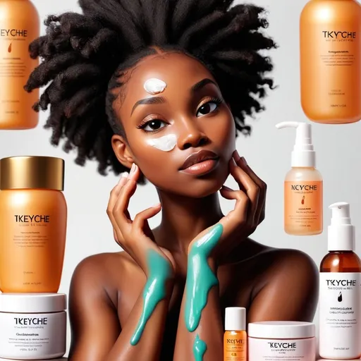 Prompt: can you create my skincare brand TKEYCHE SKINCARE on bottles and a black woman applying skincare products?
