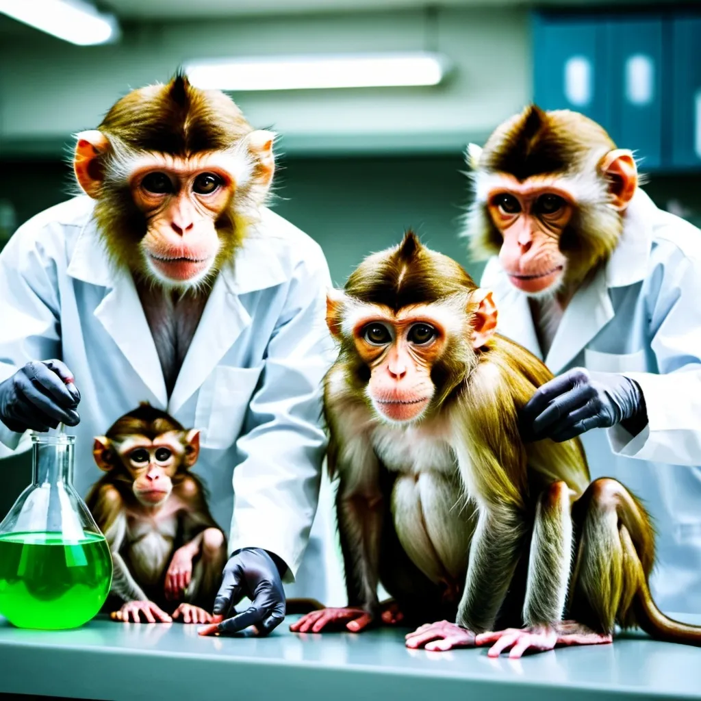 Prompt: 4 monkeys doing chemical experiments in lab
