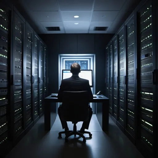 Prompt: You observe from an elevated perspective the back of a man dressed in a suite seated in front of a computer, nestled within the confines of a server closet. Arrayed before him is a bank of servers, casting a glow that illuminates the tight space, suggesting a realm where technology and human endeavor converge.