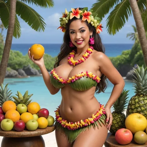 Prompt: A tropical scene with a big titty hula dancer and fruits