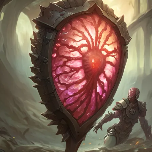 Prompt: Flesh shield, shield made of flesh, organs, tendons, item, battlefield background, magic the gathering art style.