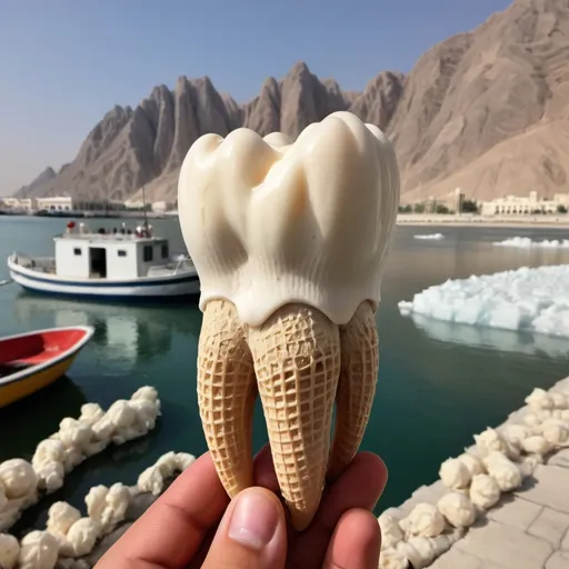 Prompt: A giant molar tooth with roots made of ice cream with Muscat Mutrah view in the back